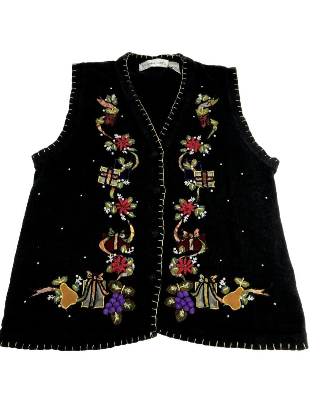 Victoria Jones Sweater Vest Medium Black Fruit Sparkle Presents Holiday Button